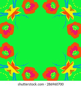 Circular seamless  pattern of  floral motif, ellipses, flowers, hole, copy space. Hand drawn.