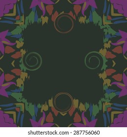 Circular  seamless pattern of  floral motif, spirals, spots, leaves, hole, waves, copy space. Hand drawn.