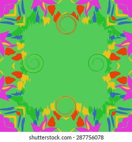 Circular  seamless pattern of  floral motif, spirals, spots, leaves, hole, waves, copy space. Hand drawn.