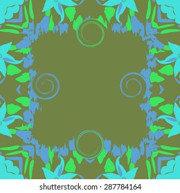 Circular  seamless pattern of  floral motif, spirals, spots, leaves, hole, waves, copy space. Hand drawn.