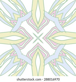 Circular  seamless pattern of  floral motif, stripes, spots, star, hole. Hand drawn.