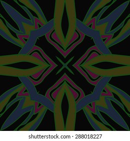 Circular  seamless pattern of  floral motif, stripes, spots, star, hole. Hand drawn.