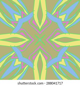 Circular  seamless pattern of  floral motif, stripes, spots, star, hole. Hand drawn.