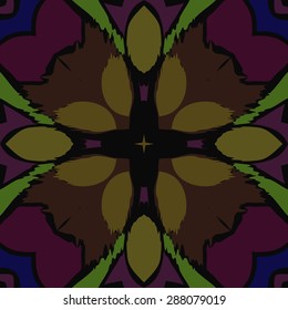 Circular  seamless pattern of  floral motif,  spots, star,waves, zigzag. Hand drawn.