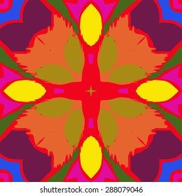 Circular  seamless pattern of  floral motif,  spots, star,waves, zigzag. Hand drawn.