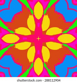 Circular  seamless pattern of  floral motif,  spots, star,waves, zigzag. Hand drawn.