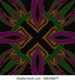Circular  seamless pattern of  floral motif, stripes, spots,cross, wave, hole. Hand drawn.