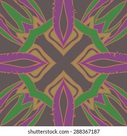 Circular  seamless pattern of  floral motif, stripes, spots,cross, wave, hole. Hand drawn.
