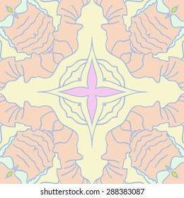 Circular seamless  pattern of  floral motif, stripes, stars, spots. Hand drawn.
