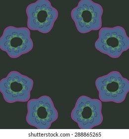 Circular seamless pattern of floral motif, flowers, stamens, hole, spots, Hand drawn.