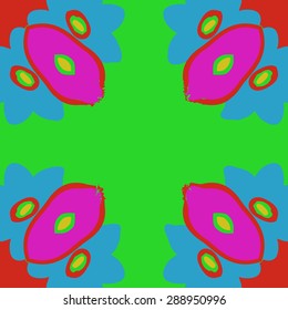 Circular seamless pattern of floral motif,  flowers, ellipses, waves, spots. Hand drawn.