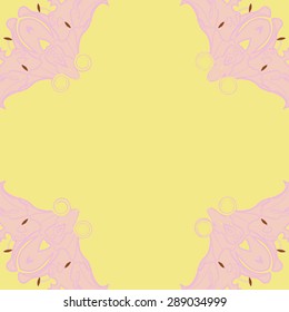 Circular seamless pattern of floral motif, flowers, stamens, spirals, copy space. Hand drawn.