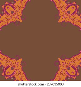 Circular seamless pattern of floral motif, flowers, stamens, spirals, copy space. Hand drawn.