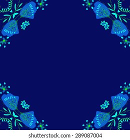 Circular seamless pattern of  floral  motif, ellipses, waves, branches, leaves, copy space. Hand drawn.