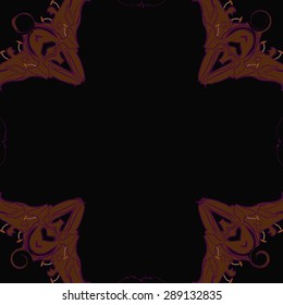 Circular seamless pattern of floral motif, flowers, stamens, spirals, waves, copy space. Hand drawn.