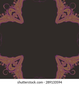 Circular seamless pattern of floral motif, flowers, stamens, spirals, waves, copy space. Hand drawn.