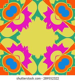 Circular seamless pattern of floral motif, zigzag, spots, hole waves, copy space. Hand drawn.