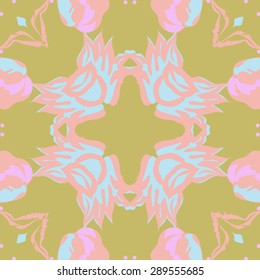 Circular seamless pattern of floral motif,  flowers, ellipses, waves, copy space. Hand drawn.
