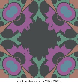 Circular seamless pattern of floral motif, zigzag, spots, hole waves, copy space. Hand drawn.