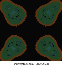 Circular seamless pattern of floral motif, stamens, waves, spots, hole, copy space. Hand drawn.