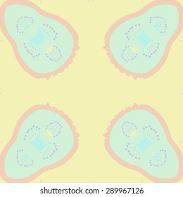 Circular seamless pattern of floral motif, stamens, waves, spots, hole, copy space. Hand drawn.