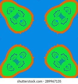 Circular seamless pattern of floral motif, stamens, waves, spots, hole, copy space. Hand drawn.