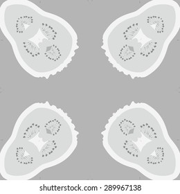 Circular seamless pattern of floral motif, stamens, waves, spots, hole, copy space. Hand drawn.