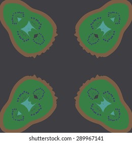 Circular seamless pattern of floral motif, stamens, waves, spots, hole, copy space. Hand drawn.