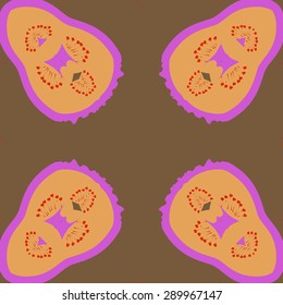 Circular seamless pattern of floral motif, stamens, waves, spots, hole, copy space. Hand drawn.