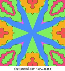 Circular seamless pattern of floral motif, stripes, spots, hole,waves. Hand drawn.