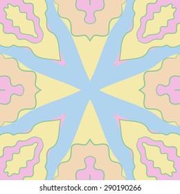 Circular seamless pattern of floral motif, stripes, spots, hole,waves. Hand drawn.