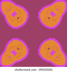 Circular seamless pattern of floral motif, stamens, waves, spots, hole, copy space. Hand drawn.