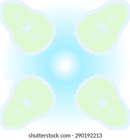 Circular seamless pattern of floral motif, stamens, waves, spots, hole, copy space. Hand drawn.