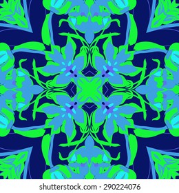 Circular seamless pattern of floral motif, flowers, branches, leaves. Hand drawn.
