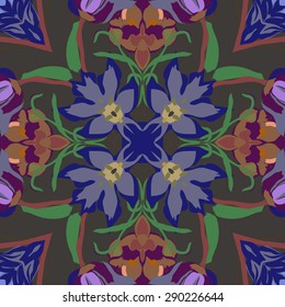 Circular seamless pattern of floral motif, flowers, branches, leaves. Hand drawn.