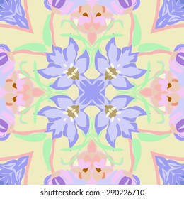 Circular seamless pattern of floral motif, flowers, branches, leaves. Hand drawn.
