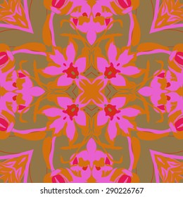 Circular seamless pattern of floral motif, flowers, branches, leaves. Hand drawn.