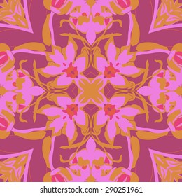 Circular seamless pattern of floral motif, flowers, branches, leaves. Hand drawn.
