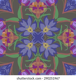 Circular seamless pattern of floral motif, flowers, branches, leaves. Hand drawn.