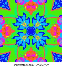 Circular seamless pattern of floral motif, flowers, branches, leaves. Hand drawn.