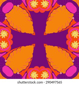 Circular seamless pattern of floral motif, cross, stylized flowers, stamens,branches, copy space. Hand drawn.