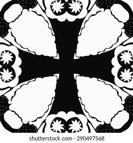 Circular seamless pattern of floral motif, cross, stylized flowers, stamens,branches, copy space. Hand drawn.