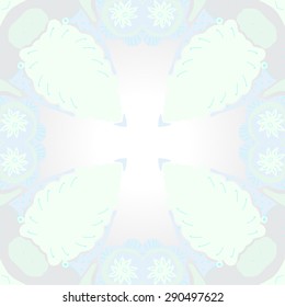 Circular seamless pattern of floral motif, cross, stylized flowers, stamens,branches, copy space. Hand drawn.