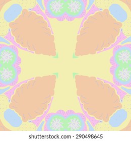 Circular seamless pattern of floral motif, cross, stylized flowers, stamens,branches, copy space. Hand drawn.