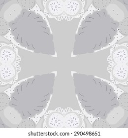 Circular seamless pattern of floral motif, cross, stylized flowers, stamens,branches, copy space. Hand drawn.