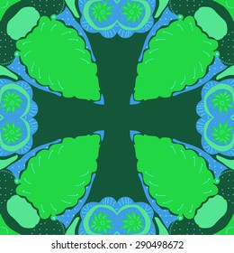 Circular seamless pattern of floral motif, cross, stylized flowers, stamens,branches, copy space. Hand drawn.