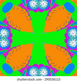 Circular seamless pattern of floral motif, cross, stylized flowers, stamens,branches, copy space. Hand drawn.