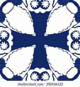 Circular seamless pattern of floral motif, cross, stylized flowers, stamens,branches, copy space. Hand drawn.