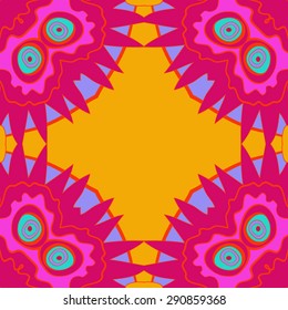 Circular seamless pattern of  floral motif,  stylized flowers, ellipses, stripes, waves, zigzag, copy space. Hand drawn.