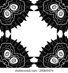 Circular seamless pattern of  floral motif,  stylized flowers, ellipses, stripes, waves, zigzag, copy space. Hand drawn.